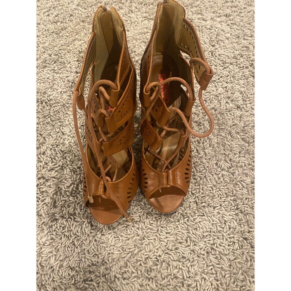 Bongo High Heel Lace Up Gladiator Tan/Brown Leather Heels Size 6 - Picture 3 of 7